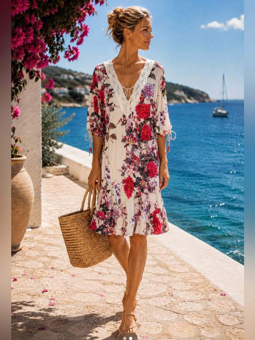 Vanita Rosa Paris St Barth 100% Silk Floral Dress France Lace Trim Resort M L